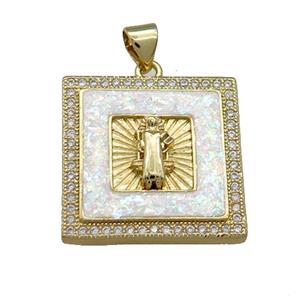 Copper Square Pendant Pave Fire Opal Zircon Jesus 18K Gold Plated, approx 21mm