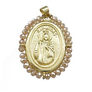 Saint Jude Charms Copper Medal Pendant With Crystal Glass Wire Wrapped Oval Gold Plated, approx 27-35mm