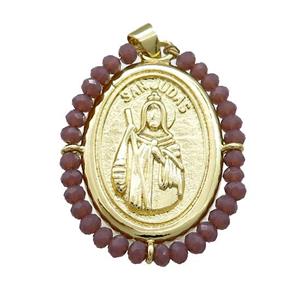 Saint Jude Charms Copper Medal Pendant With Crystal Glass Wire Wrapped Oval Gold Plated, approx 27-35mm