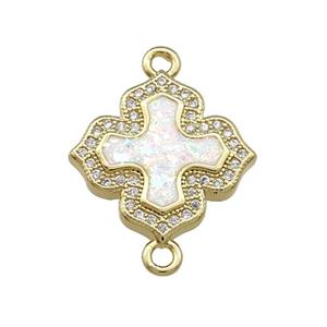 Copper Cross Connector Pave White Fire Opal Zircon 18K Gold Plated, approx 18mm