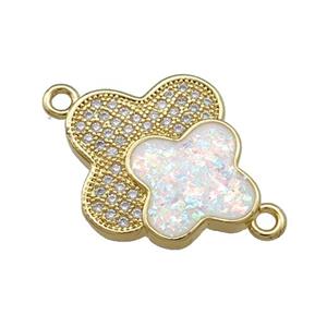 Copper Clover Connector Pave White Fire Opal Zircon Double 18K Gold Plated, approx 17-19mm