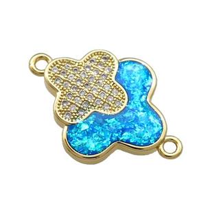 Copper Clover Connector Pave Blue Fire Opal Zircon Double 18K Gold Plated, approx 17-19mm