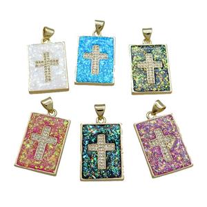 Copper Rectangle Pendant Pave Fire Opal Zircon Cross 18K Gold Plated Mixed, approx 16-21mm