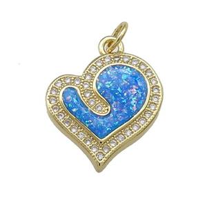 Copper Heart Pendant Pave Blue Fire Opal Zircon 18K Gold Plated, approx 16-17mm