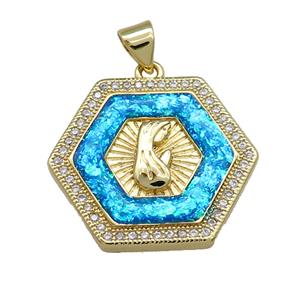 Copper Hexagon Pendant Pave Blue Fire Opal Zircon Virgin Mary Prayer 18K Gold Plated, approx 20mm