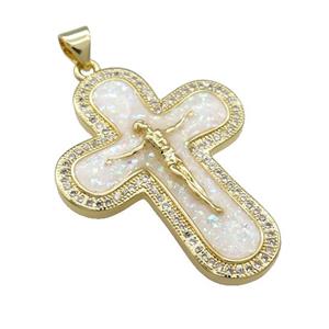 Copper Crucifix Cross Pendant Pave White Fire Opal Zircon Jesus 18K Gold Plated, approx 26-35mm