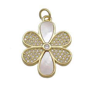 Copper Flower Pendant Pave Shell Zircon 18K Gold Plated, approx 17-22mm