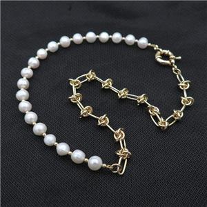 White Pearl Necklace With Copper Chain Gold Plated, approx 8-9mm, 6mm, 7-12mm, 40-45cm length