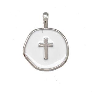 Copper Circle Pendant Cross White Enamel Platinum Plated, approx 14mm