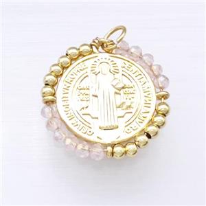 Jesus Charms Copper Circle Pendant With Clear Crystal Glass Wrapped Gold Plated, approx 24mm