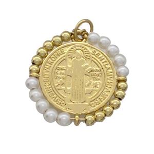 Jesus Charms Copper Circle Pendant With White Pearlized Glass Wrapped Gold Plated, approx 24mm