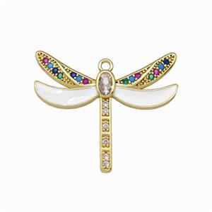 Copper Dragonfly Pendant Pave Zirconia White Enamel Gold Plated, approx 26-30mm