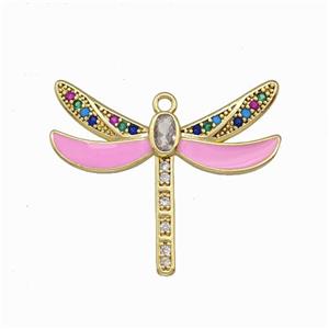 Copper Dragonfly Pendant Pave Zirconia Pink Enamel Gold Plated, approx 26-30mm