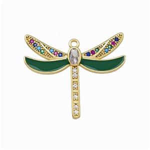 Copper Dragonfly Pendant Pave Zirconia Green Enamel Gold Plated, approx 26-30mm