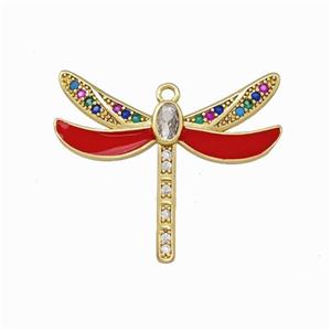 Copper Dragonfly Pendant Pave Zirconia Red Enamel Gold Plated, approx 26-30mm