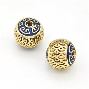 Copper Round Beads Blue Painted Hollow Gold Plated, approx 10mm