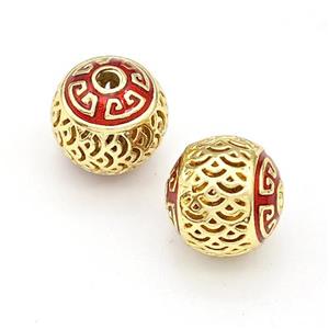 Copper Round Beads Red Painted Hollow Gold Plated, approx 10mm