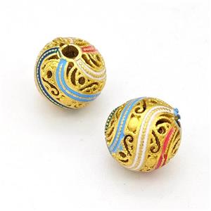 Copper Round Beads Multicolor Painted Hollow Gold Plated, approx 10mm