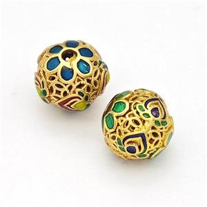 Copper Round Beads Multicolor Painted Hollow Gold Plated, approx 10mm