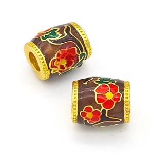 Copper Barrel Beads Multicolor Painted Flower Large Hole Gold Plated, approx 10-11mm, 4mm hole