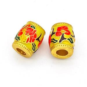 Copper Barrel Beads Multicolor Painted Flower Large Hole Gold Plated, approx 10-11mm, 4mm hole