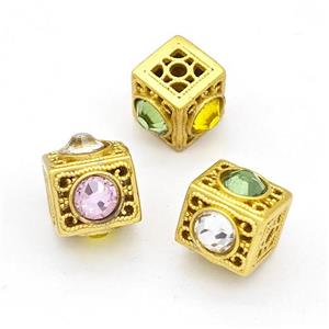 Copper Cube Beads Pave Rhinestone Hollow Gold Plated, approx 9x9x9mm