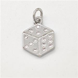 Copper Hexagon Pendant Micro Pave Zirconia Dice Platinum Plated, approx 12mm