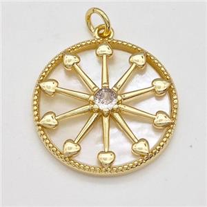 Copper Compass Pendant Pave Shell Zirconia Gold Plated, approx 22mm