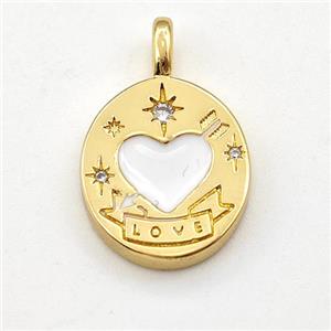 Cupid Heart Copper Pendant White Enamel LOVE Gold Plated, approx 13-15mm