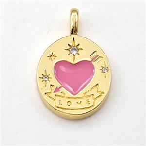 Cupid Heart Copper Pendant Pink Enamel LOVE Gold Plated, approx 13-15mm