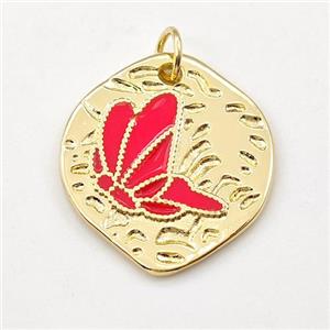 Copper Butterfly Pendant Red Enamel Gold Plated, approx 19-22mm