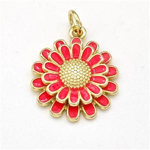 Copper Sunflower Pendant Red Enamel Gold Plated, approx 16mm