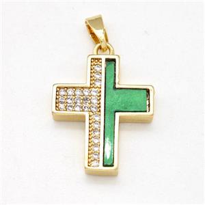 Copper Cross Pendant Pave Zirconia Green Shell Gold Plated, approx 15-18mm