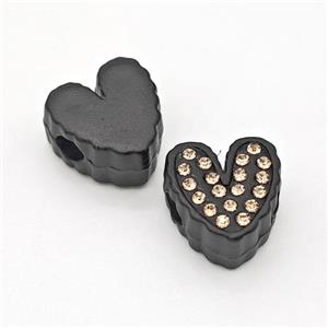 Black Resin Heart Beads Micro Pave Rhinestone Large Hole, approx 14mm, 3mm hole