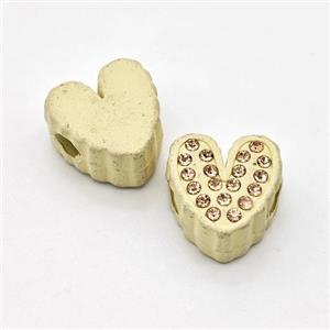 Gold Resin Heart Beads Micro Pave Rhinestone Large Hole, approx 14mm, 3mm hole