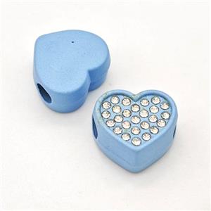 Blue Resin Heart Beads Micro Pave Rhinestone Large Hole, approx 15mm, 3mm hole