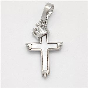 Copper Cross Pendant Pave Shell Crown Platinum Plated, approx 12.5-19mm