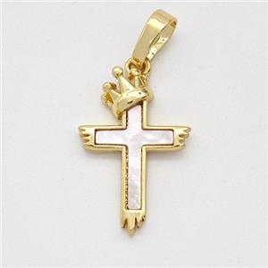 Copper Cross Pendant Pave Shell Crown Gold Plated, approx 12.5-19mm