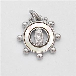 Virgin Mary Charms Copper Circle Pendant Pave Shell Platinum Plated, approx 15mm