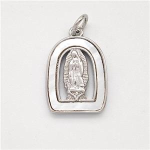 Virgin Mary Charms Copper Pendant Pave Shell Platinum Plated, approx 12-16mm