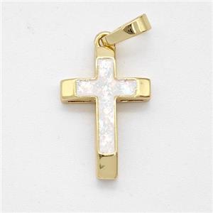 Copper Cross Pendant Pave White Fire Opal 18K Gold Plated, approx 12.5-18mm