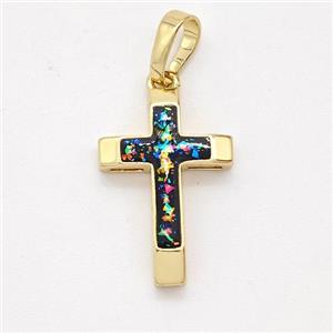 Copper Cross Pendant Pave Black Fire Opal 18K Gold Plated, approx 12.5-18mm