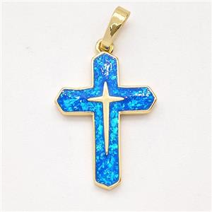 Copper Cross Pendant Pave Blue Fire Opal 18K Gold Plated, approx 15-22mm