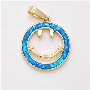 Copper Emoji Pendant Pave Blue Fire Opal Smileface 18K Gold Plated, approx 16.5mm