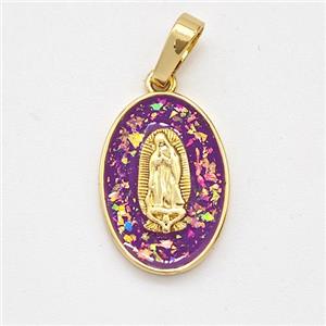 Virgin Mary Charms Copper Pendant Pave Purple Fire Opal 18K Gold Plated, approx 12-17mm