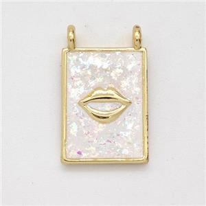 Copper Lips Charms Pendant Pave White Fire Opal Rectangle 2loops 18K Gold Plated, approx 11-15mm