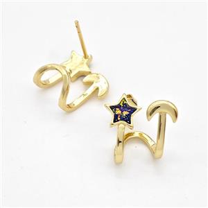 Copper Stud Earrings Pave Fire Opal Star Moon 18K Gold Plated, approx 6mm, 9-14mm