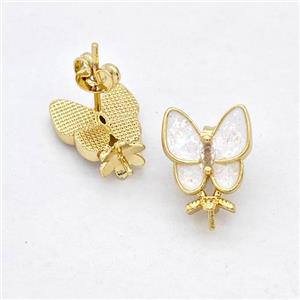 Copper Butterfly Stud Earrings Pave White Fire Opal 18K Gold Plated, approx 6mm, 10x10mm