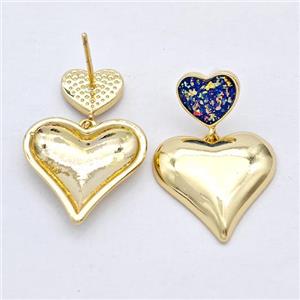 Copper Heart Stud Earrings Pave Fire Opal 18K Gold Plated, approx 10mm, 18mm