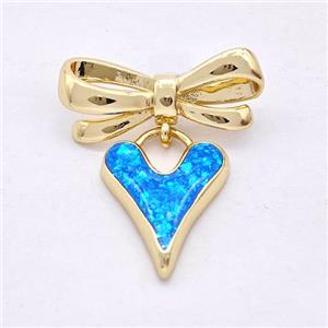 Copper Heart Stud Earrings Pave Blue Fire Opal Bow 18K Gold Plated, approx 15mm, 9-23mm